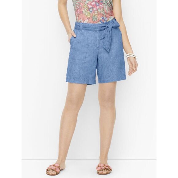 Talbots Tie Waist Linen Blend Shorts - Size 6 - Blue - Picture 1 of 12